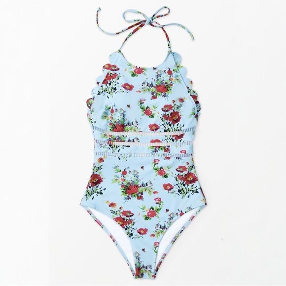 NWT Cupshe Light Blue And Red Floral Halter One-Piece Swimsuit Size Medium New - Picture 2 of 16